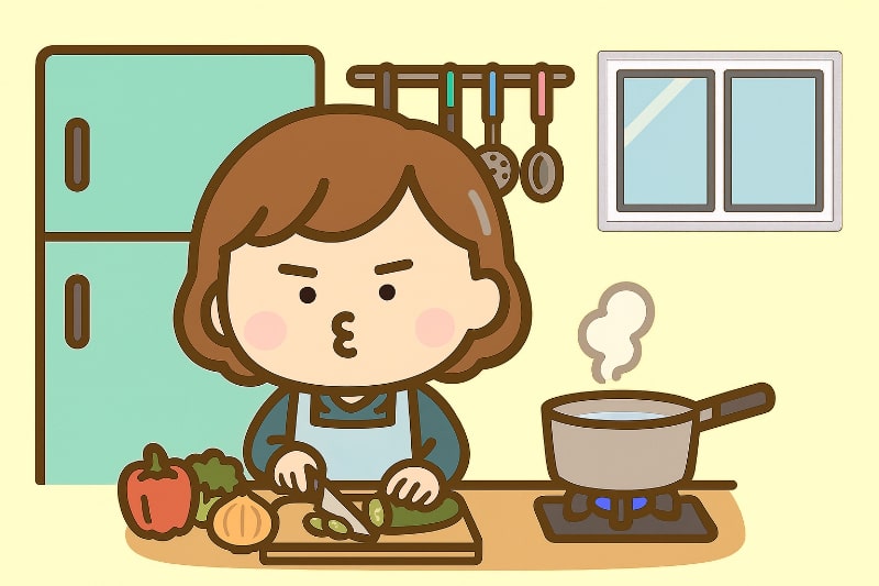 ちびかなえが料理をしているイラスト