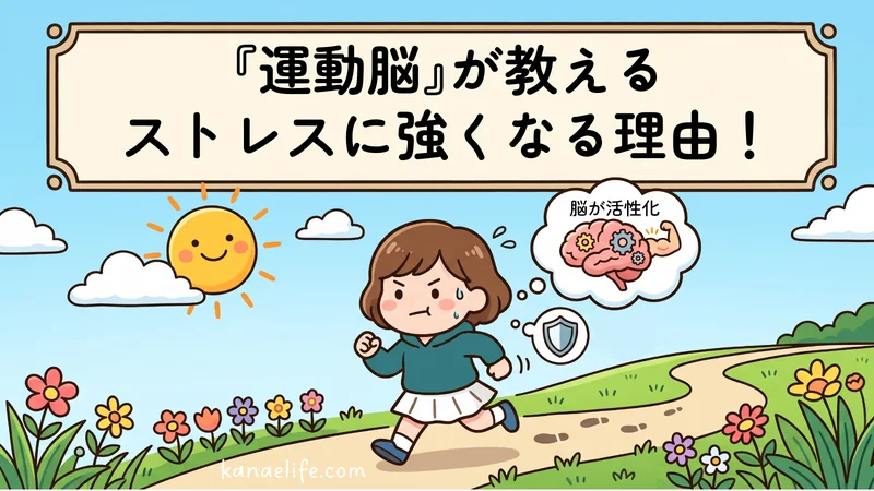 運動でストレスに強くなる理由を伝えるアイキャッチ画像。青空の下を走る女性と、活性化する脳のイラスト。